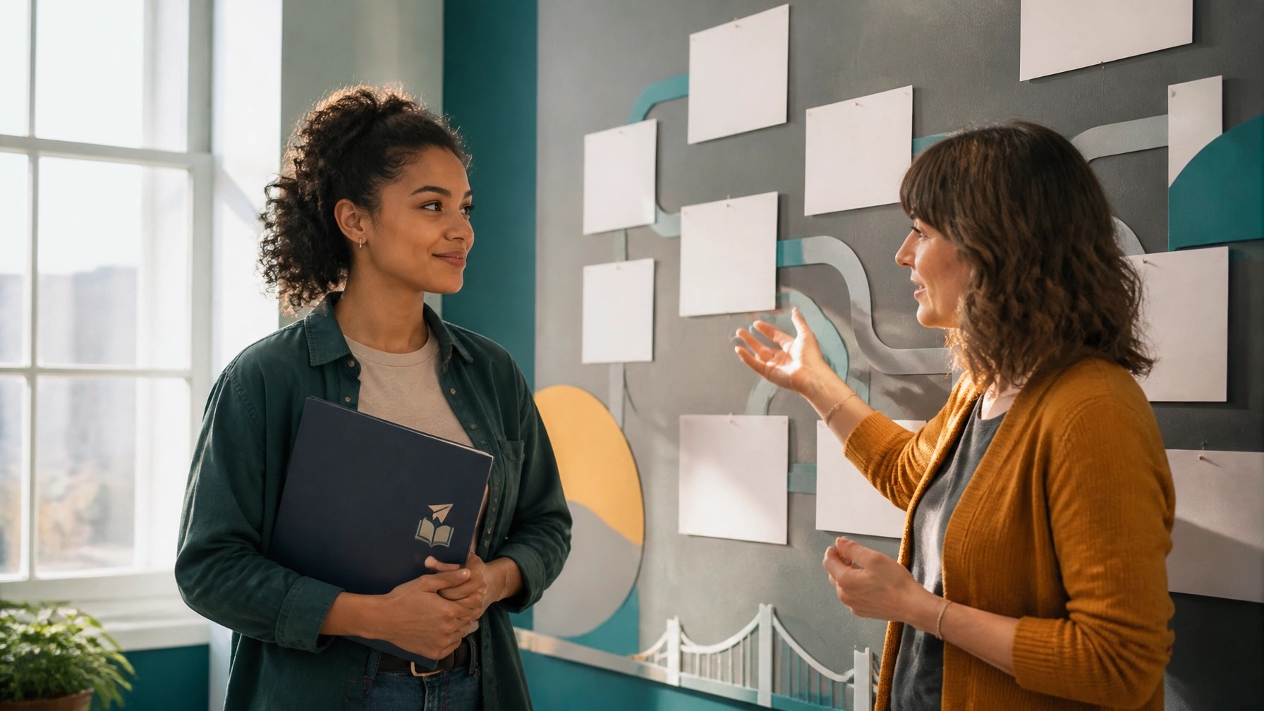 A diverse student holding a closed portfolio folder while discussing a learning plan with a supervisor in a bright community workplace