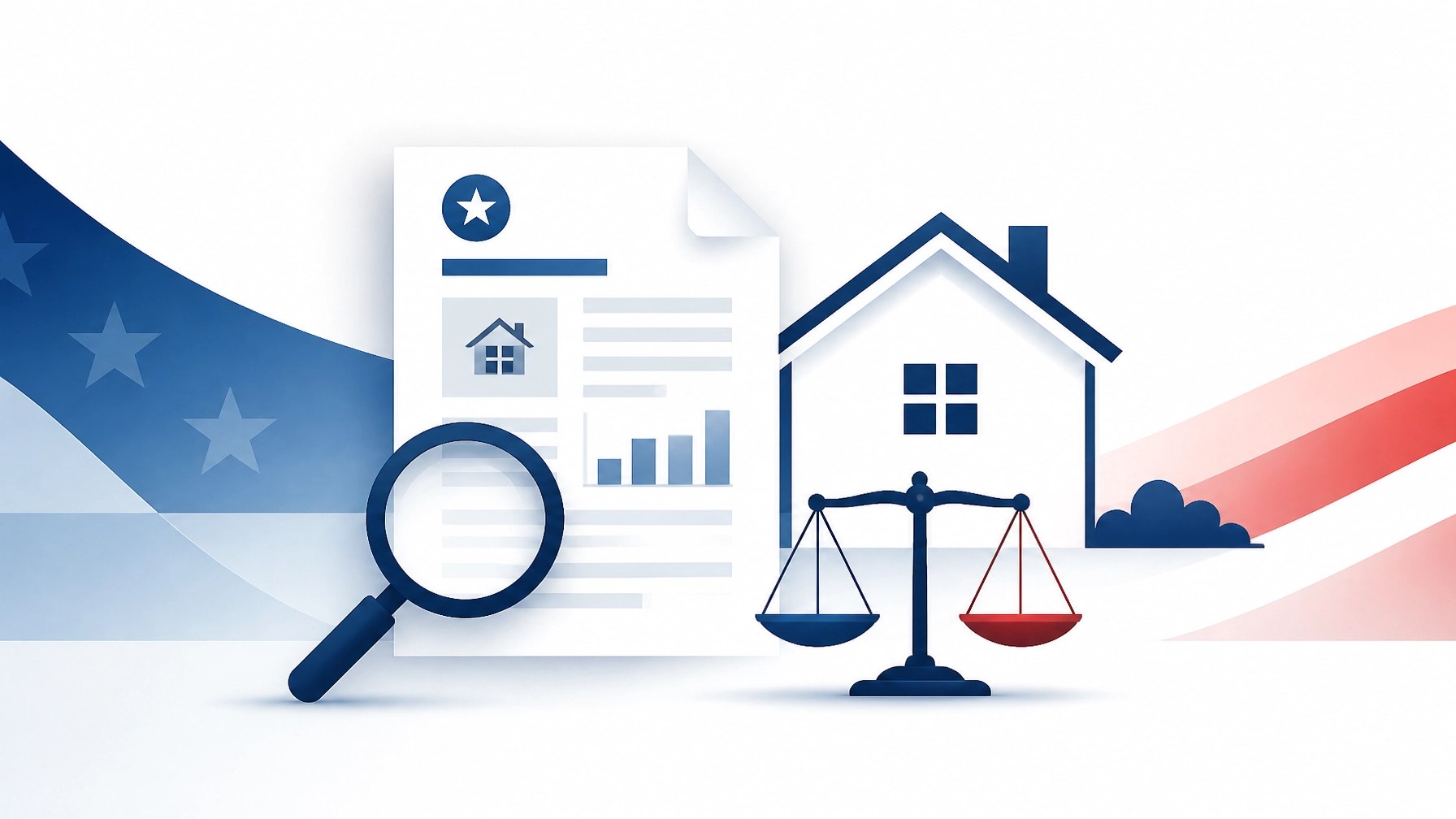 Abstract appraisal report, home outline, magnifying glass, and value scale in a red, white, and blue geometric style