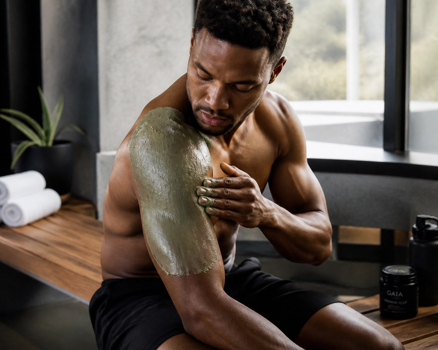 Athlete applying a healing green clay poultice to their shoulder for fast sports recovery.