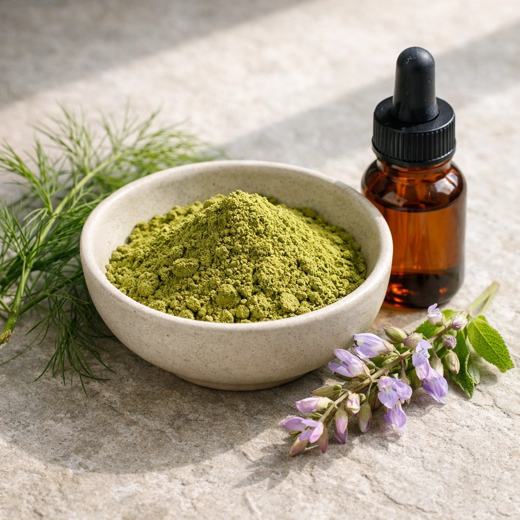French green clay powder with clary sage and fennel sprigs for a DIY skin tightening mask ritual.