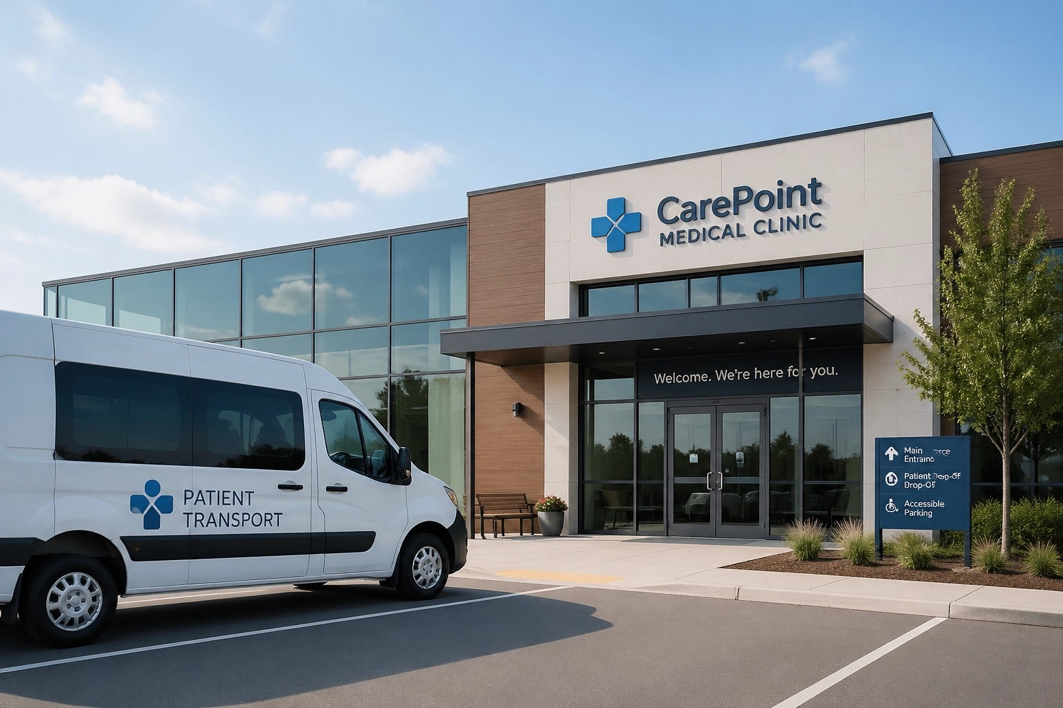 Reliable medical transport vehicle arrived safely at a clinic for a patient appointment.