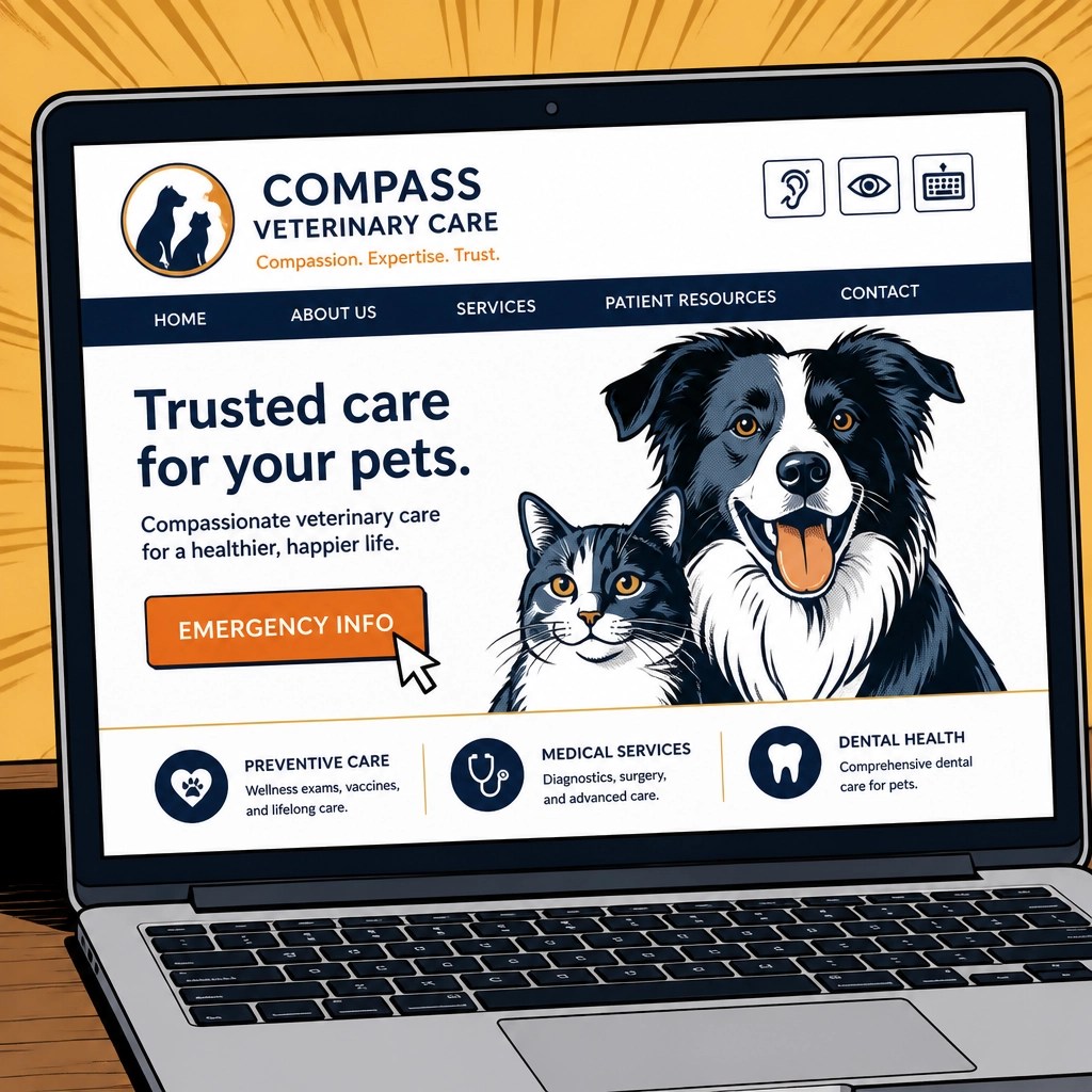 Veterinary clinic website homepage displaying emergency contact information prominently in a banner at the top of the page, with accessible layout and clear call-to-action for urgent pet care situations.
