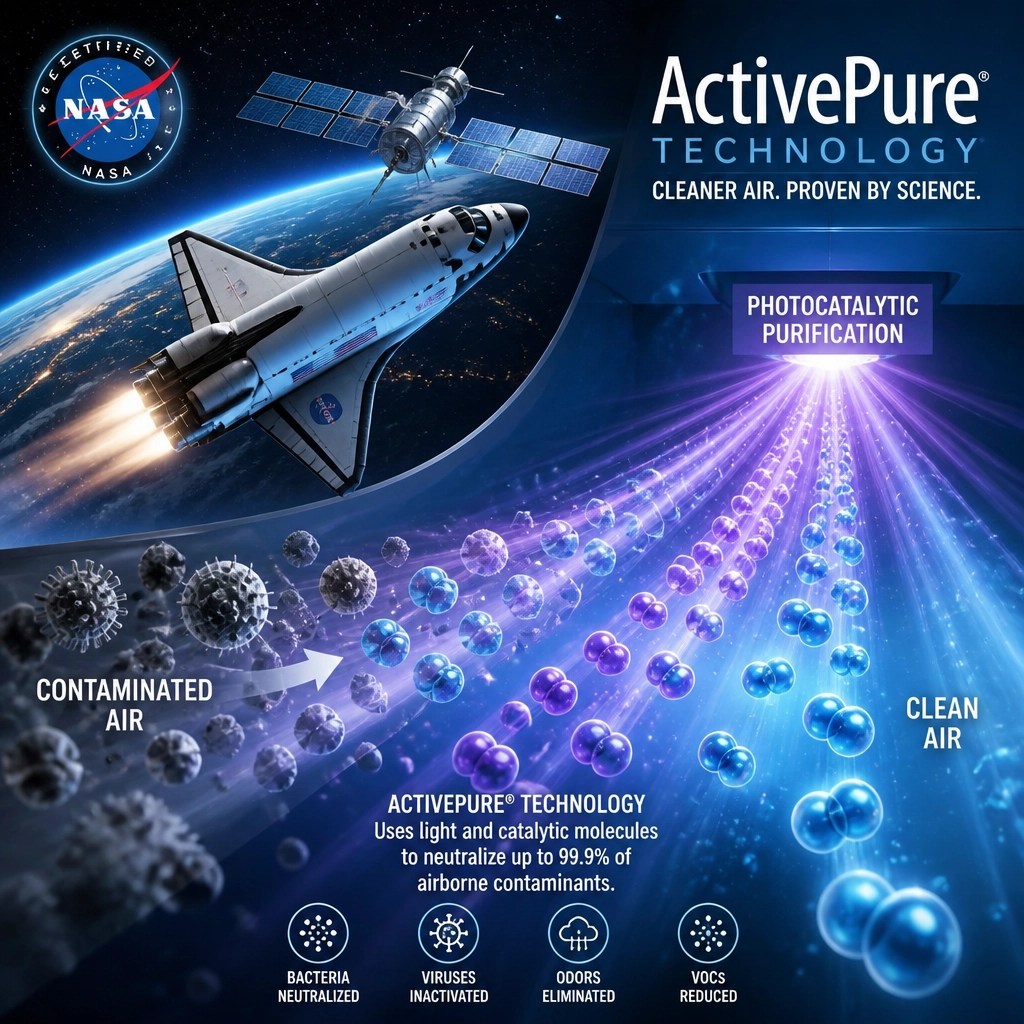 Symbolic representation of NASA-certified ActivePure technology showing air molecules being purified