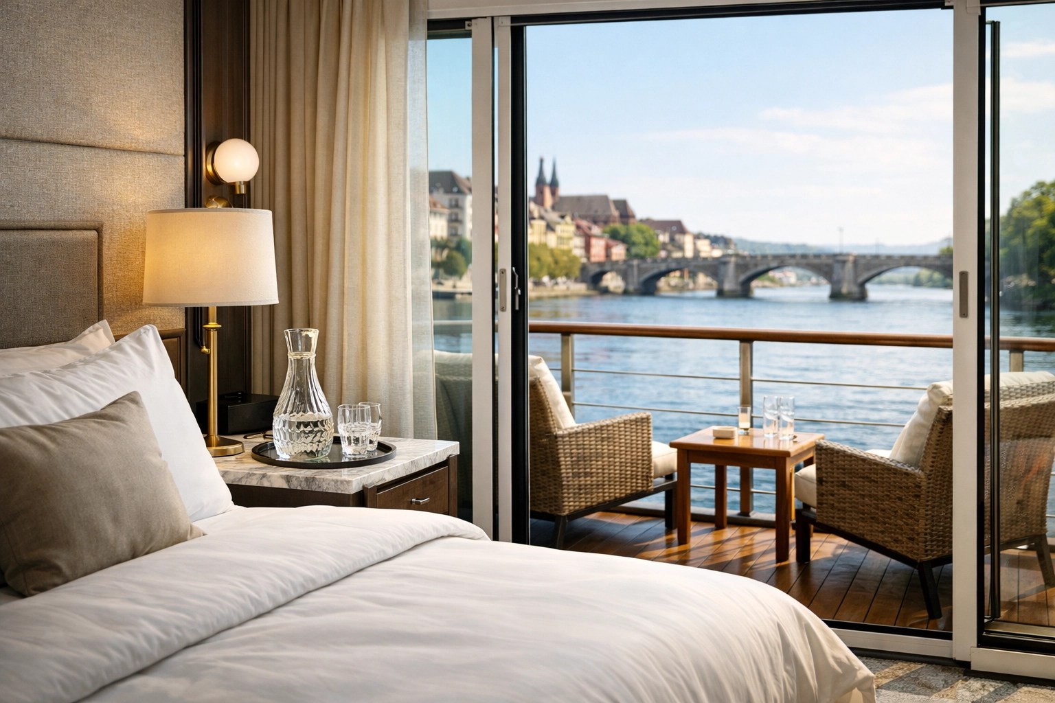Luxury suite on one of the best river cruises for seniors featuring accessible balcony views of Europe.