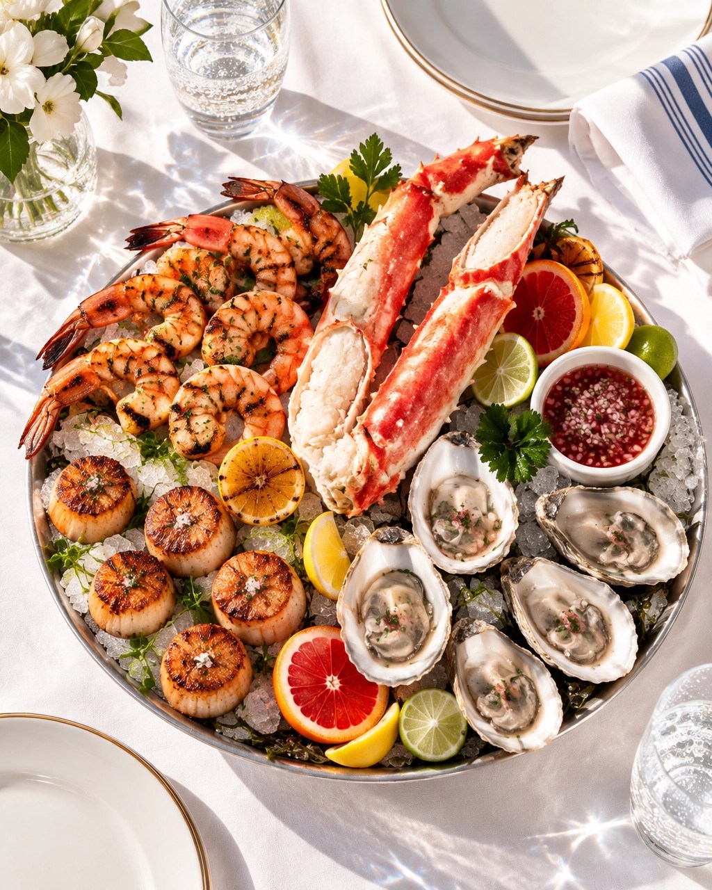Elegant seafood spread featuring scallops, shrimp, king crab legs, citrus, and sparkling water on a sophisticated dining table