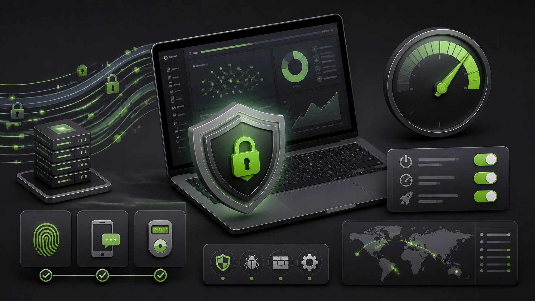 Cybersecurity and system optimization illustration with protected computer and performance dashboard