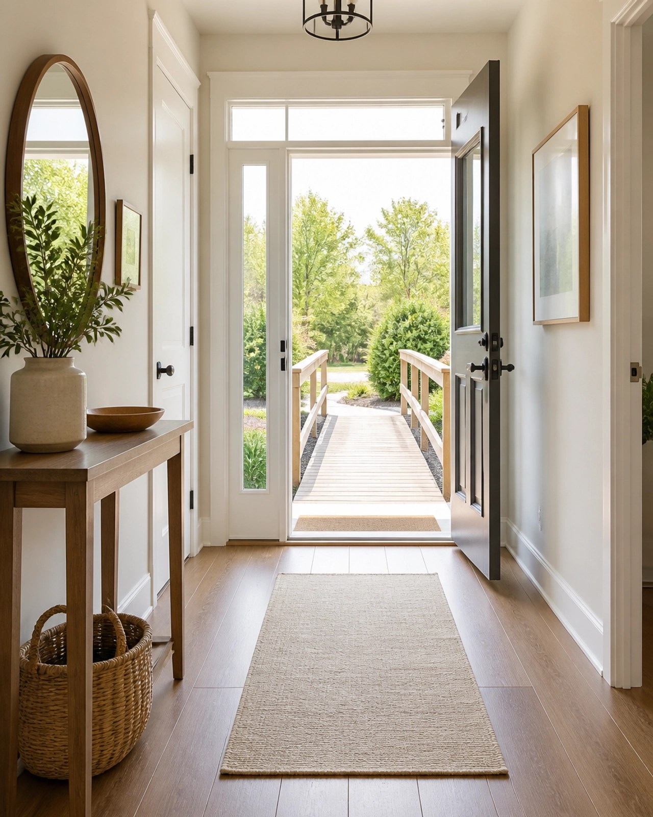 A clear, bright hallway leading to a front door with a wooden ramp