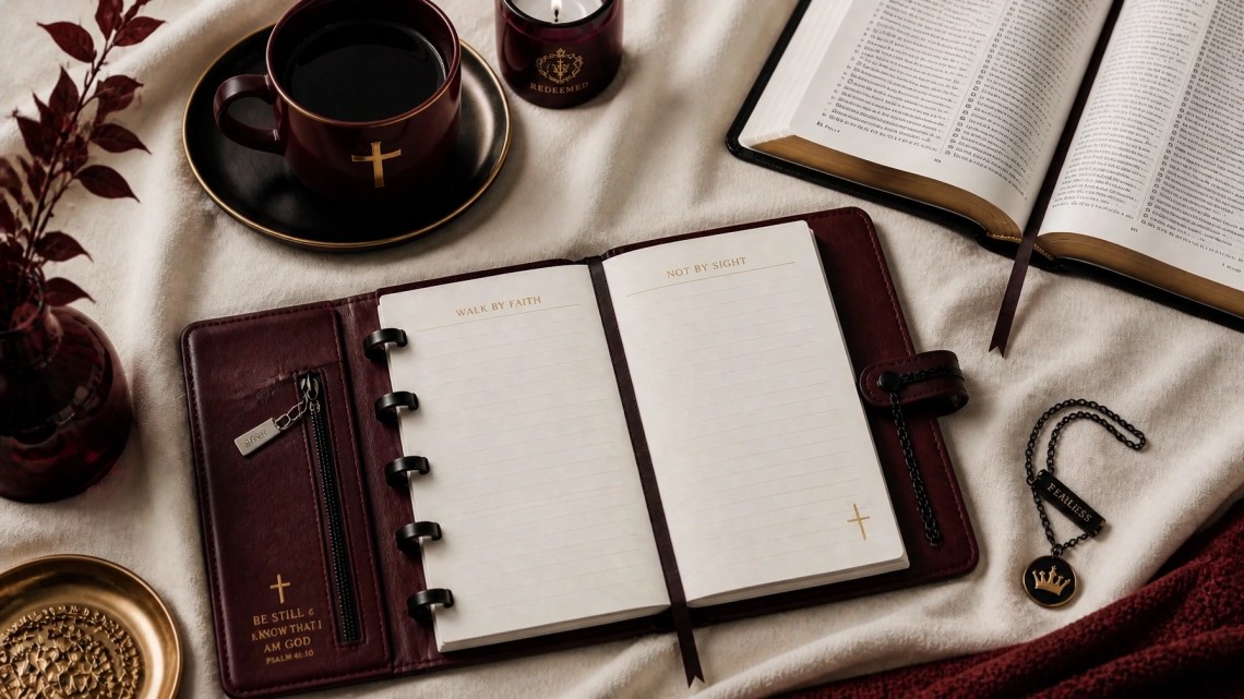 A luxurious devotional still life with a faith journal beside an open Bible in a softly lit fall devotional space