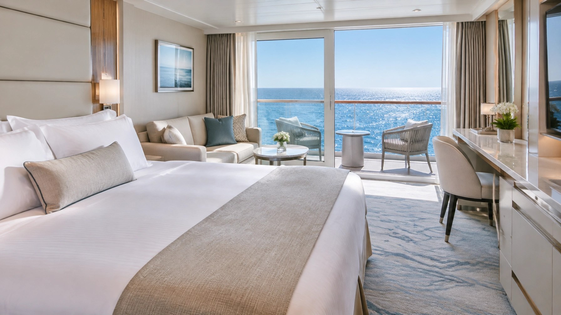 An empty, bright cruise balcony cabin with ocean views and refined neutral design