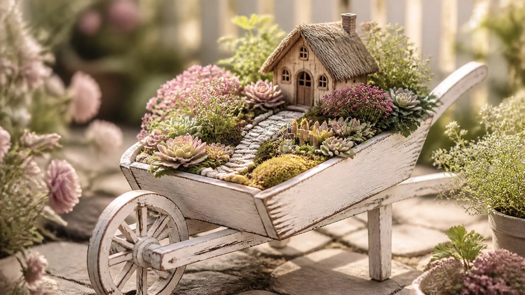 A beautiful fairy garden in a vintage wheelbarrow