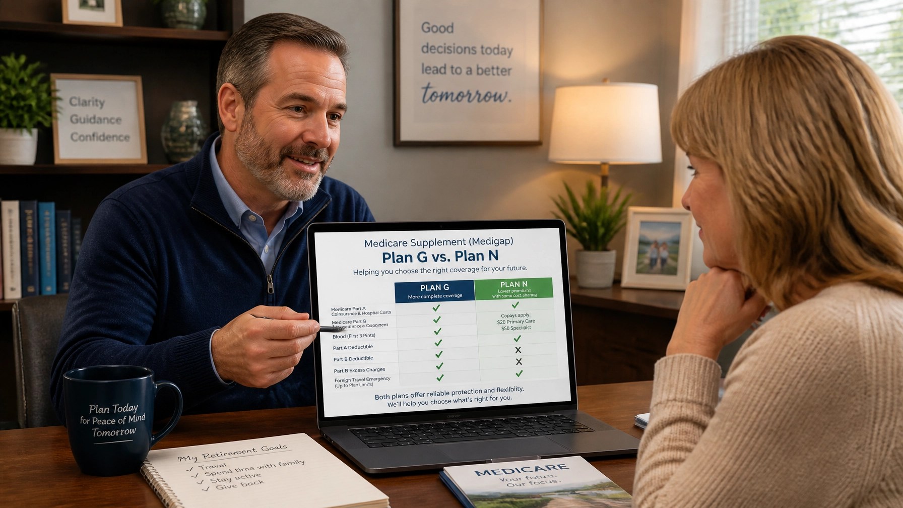 An insurance expert explaining Medicare Supplement Medigap Plan G and Plan N options to a client
