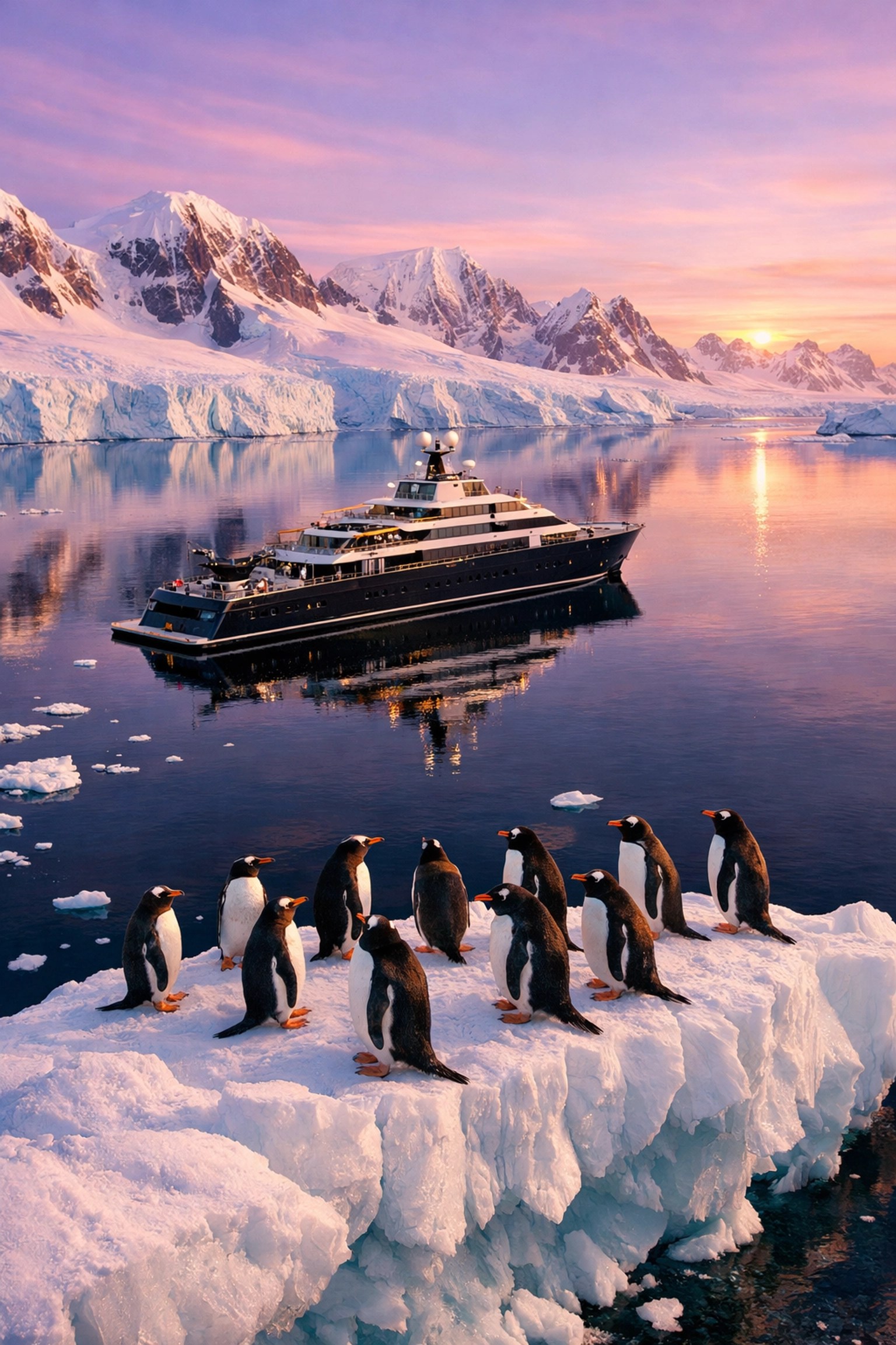 Luxury expedition yacht anchored in Antarctica with penguins on an ice shelf and glaciers.