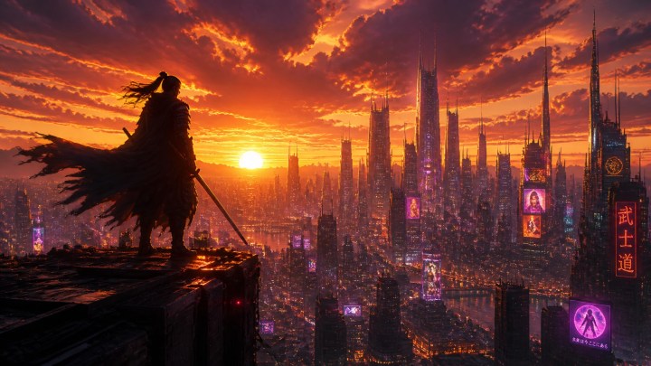 A heroic silhouette on a skyscraper overlooking a futuristic city