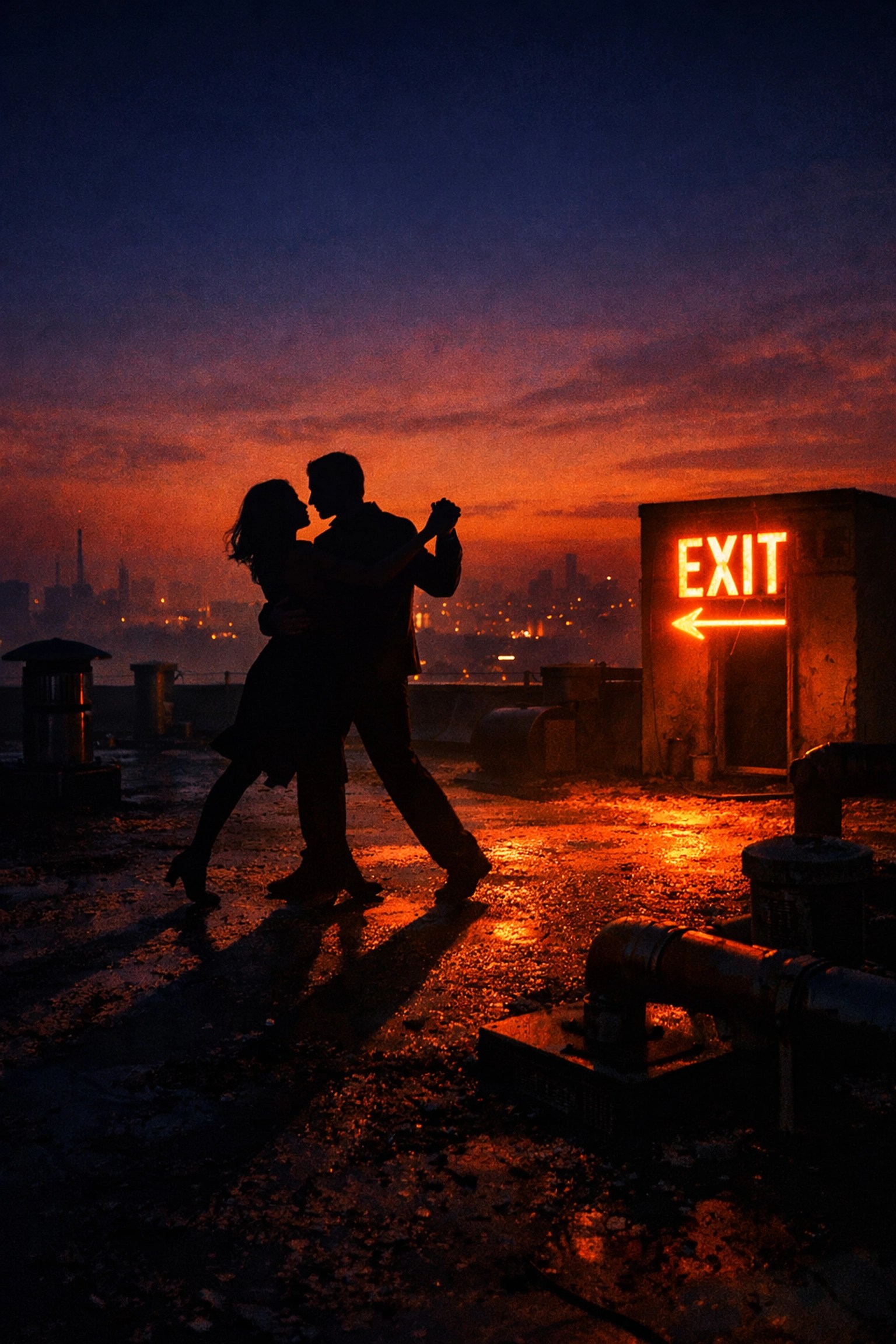 Dante and Becky sharing a romantic rooftop dance scene in Clerks II.