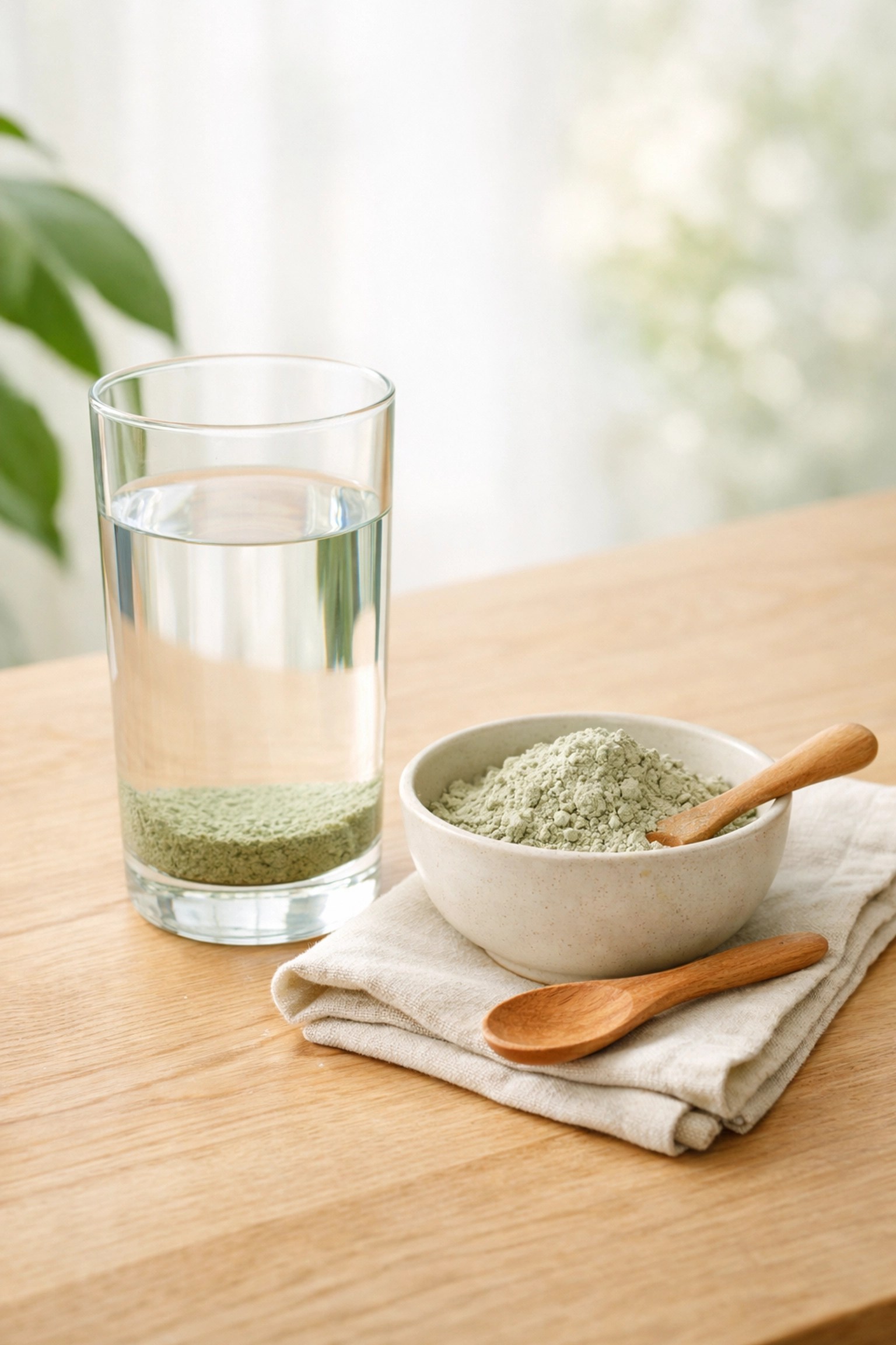 A glass of food grade clay water and a wooden spoon ready for a daily natural healing detox protocol.