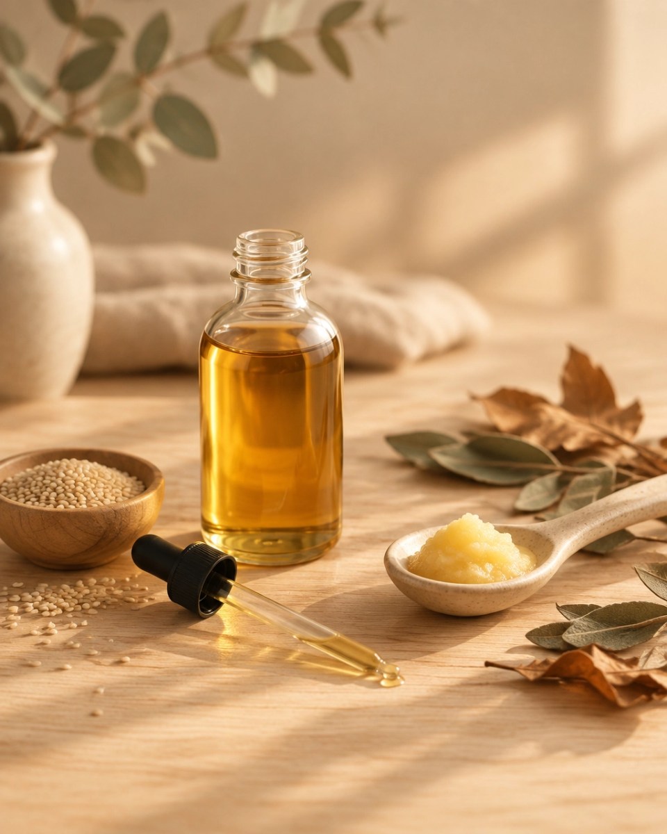 Aceite de sésamo, ghee y elementos naturales para el ritual de Nasya