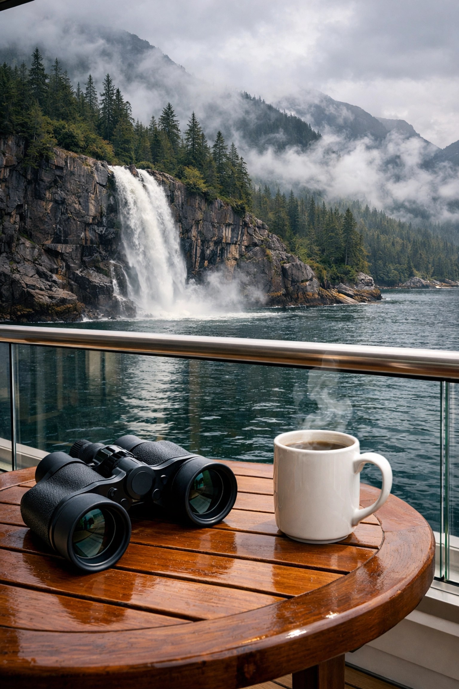 View from a luxury cruise suite balcony overlooking a waterfall along the scenic Alaska coastline.