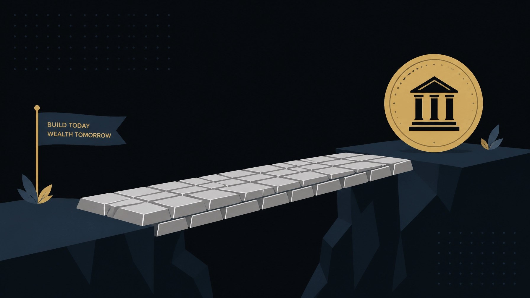 A minimalistic vector graphic showing a bridge made of silver bars crossing a dark chasm, leading to a large gold coin on the other side. Geometric design, muted gold and blue accents, dot pattern background.