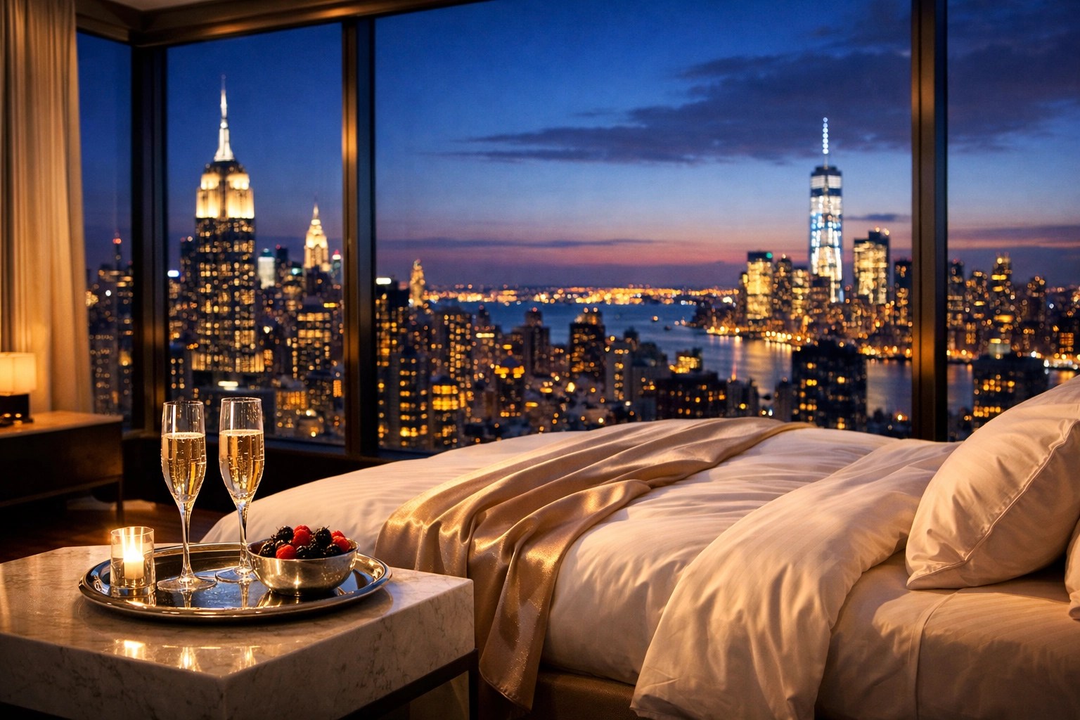 Luxury Manhattan hotel suite with a romantic NYC skyline view and champagne for a stress-free getaway.