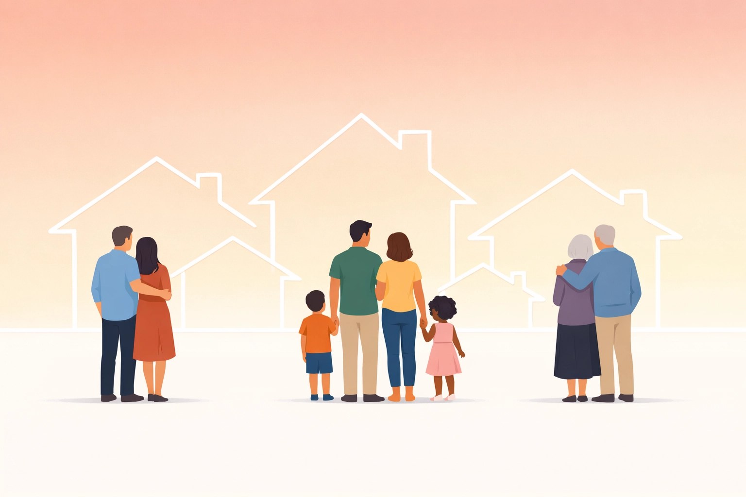 Diverse families and homebuyers standing in front of their custom-built dream homes
