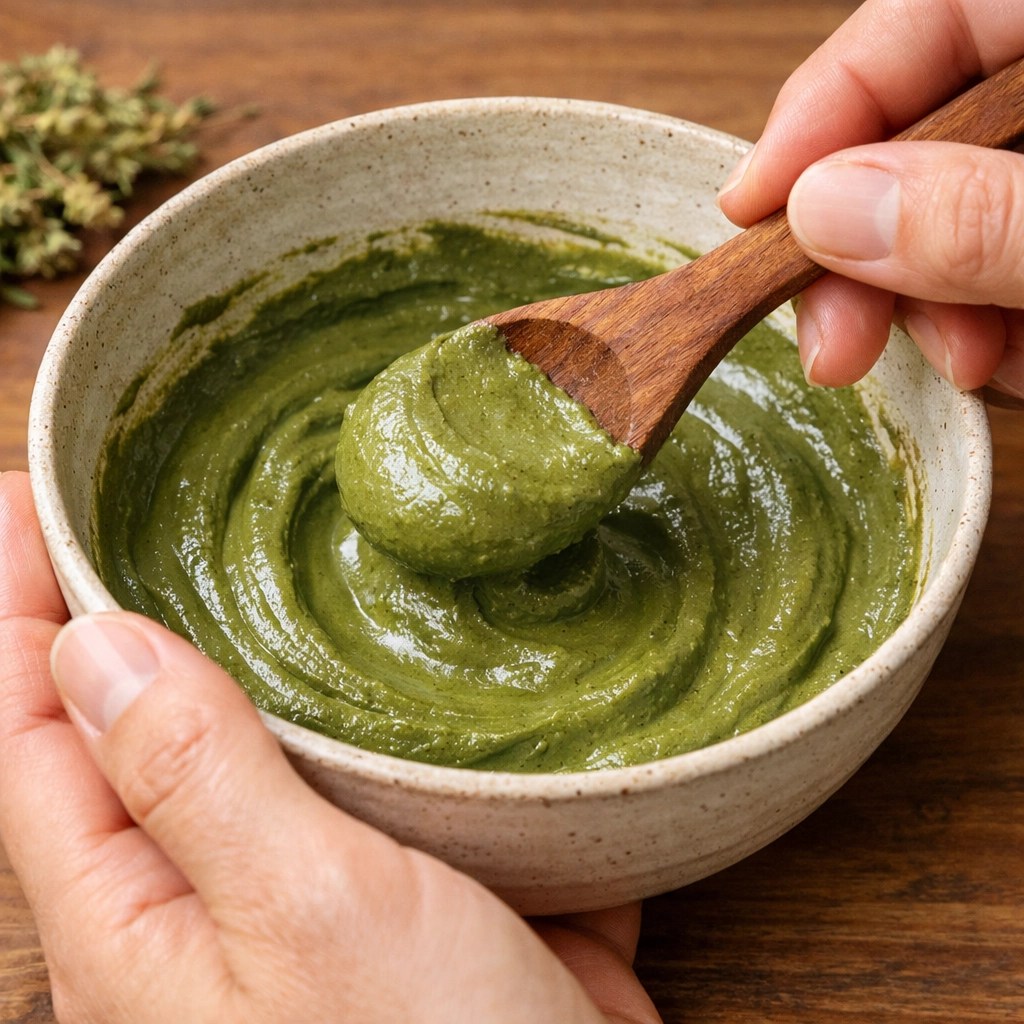 Close-up of hands mixing green clay powder with water to create a healing paste for pets.