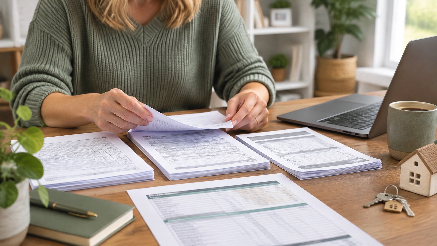 Self-employed borrower organizing tax returns, 1099 forms, and mortgage documents