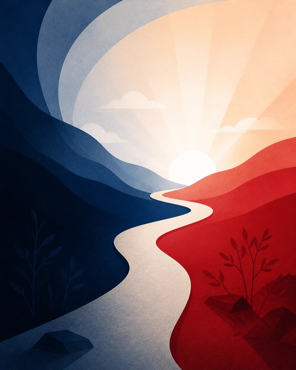 A winding path moving from deep blue shadows into warm morning light, symbolizing lament moving toward hope