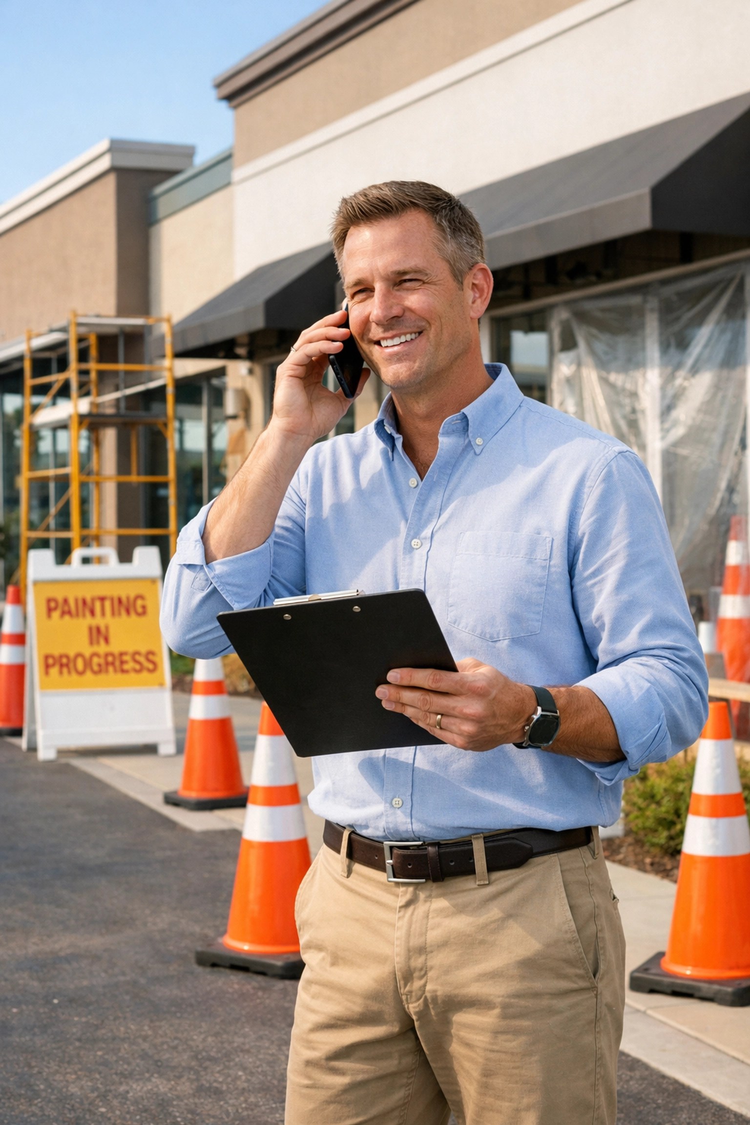 Property manager coordinating commercial painting project at Palm City retail plaza