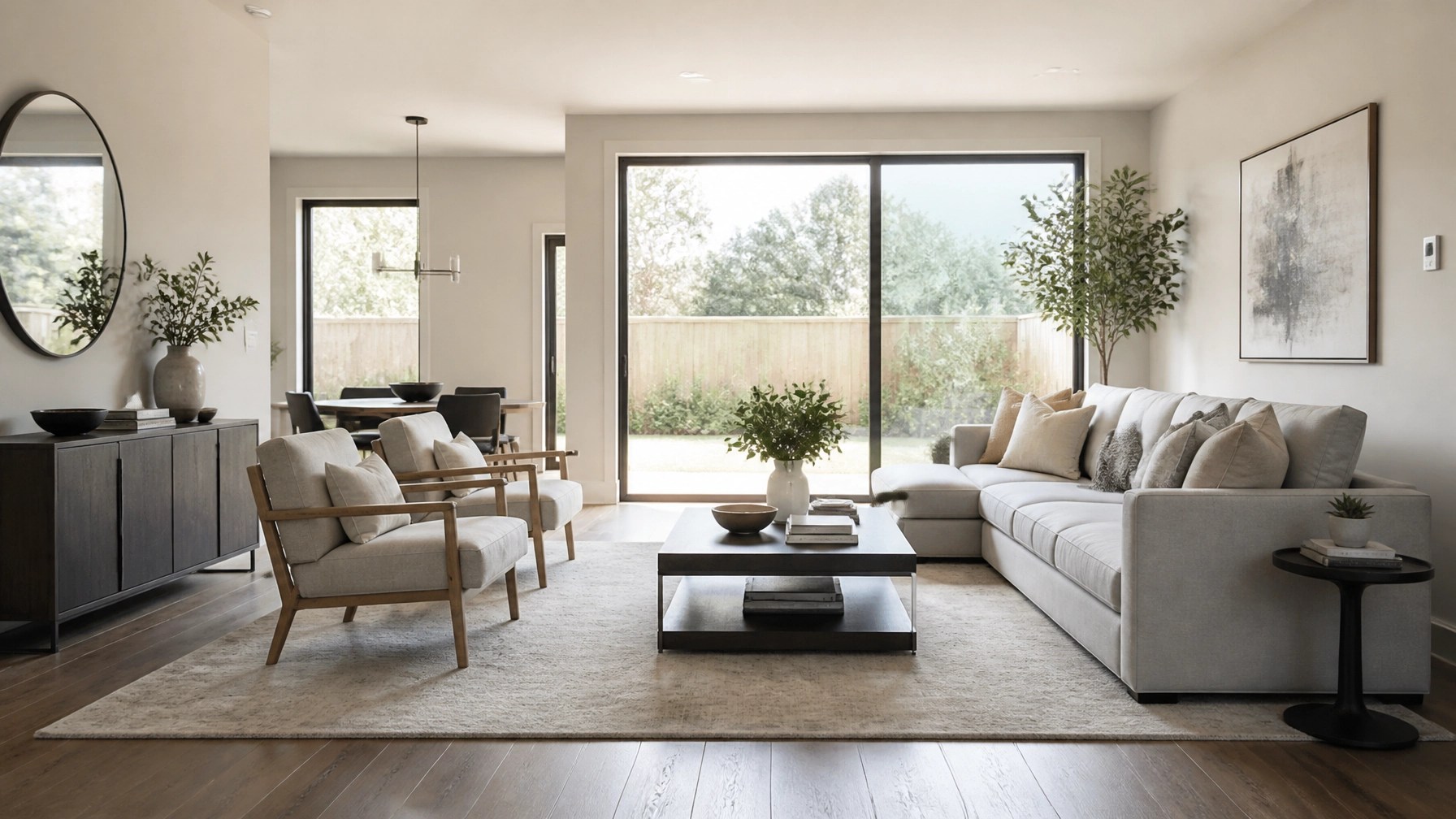 A crisp, clean interior view of a modern living room filled with natural light. The decor is minimalist and neutral, featuring high-quality textures and an inviting atmosphere that reflects the goal of homeownership and financial stability.