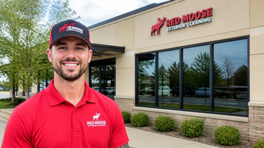 A friendly professional team member from Red Moose Exterior Cleaning smiling in uniform next to a clean business exterior