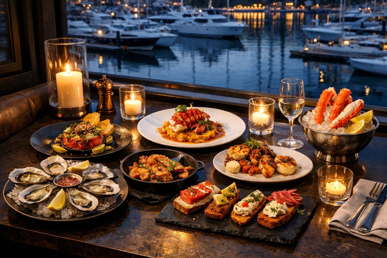 Gourmet port city dining spread with upscale seafood and tapas