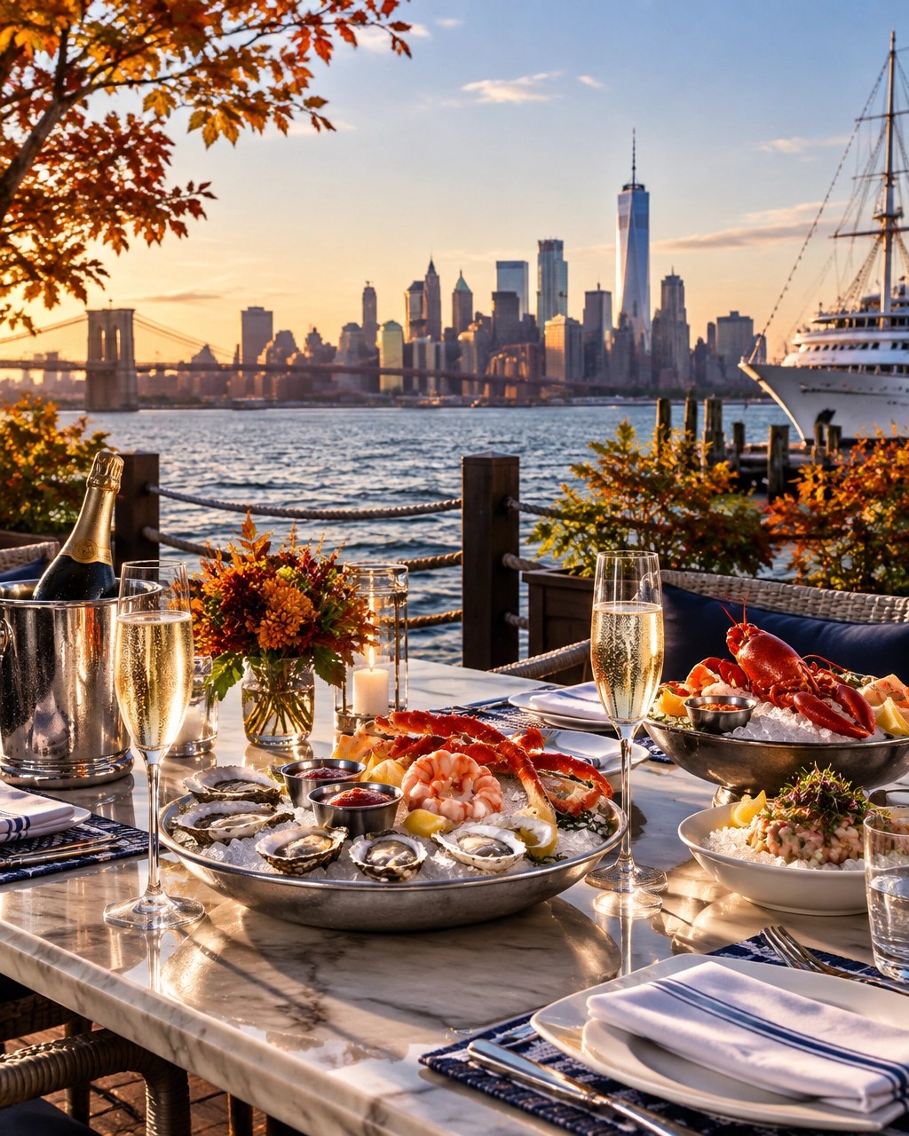 Elegant Brooklyn waterfront table with oysters, crab, and fall harbor views