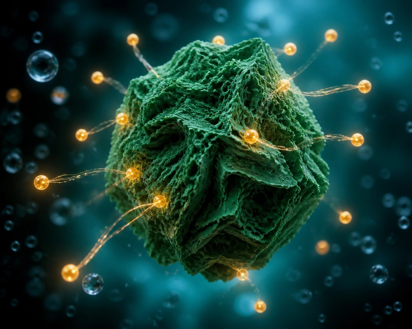 Microscopic view of a French green clay particle attracting toxins and impurities for deep skin detox.