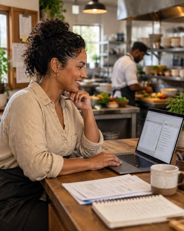 Restaurant manager reviewing supplier invoices and operational notes