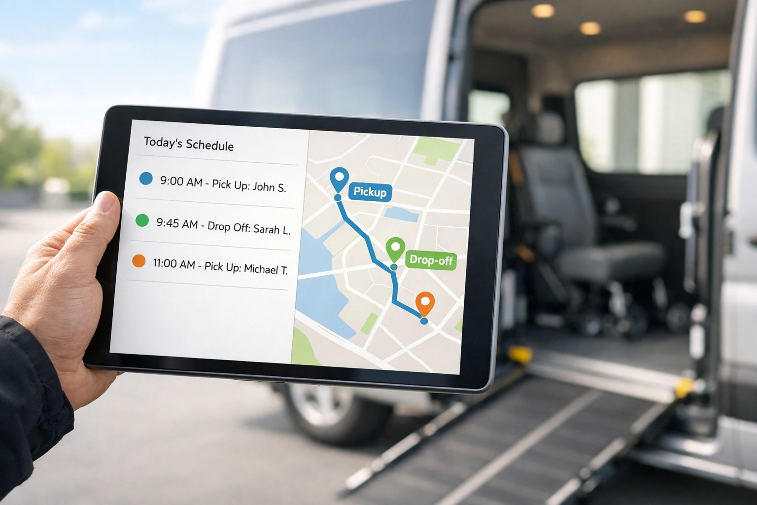 A professional driver checking a medical ride schedule on a tablet next to an accessible transport van.