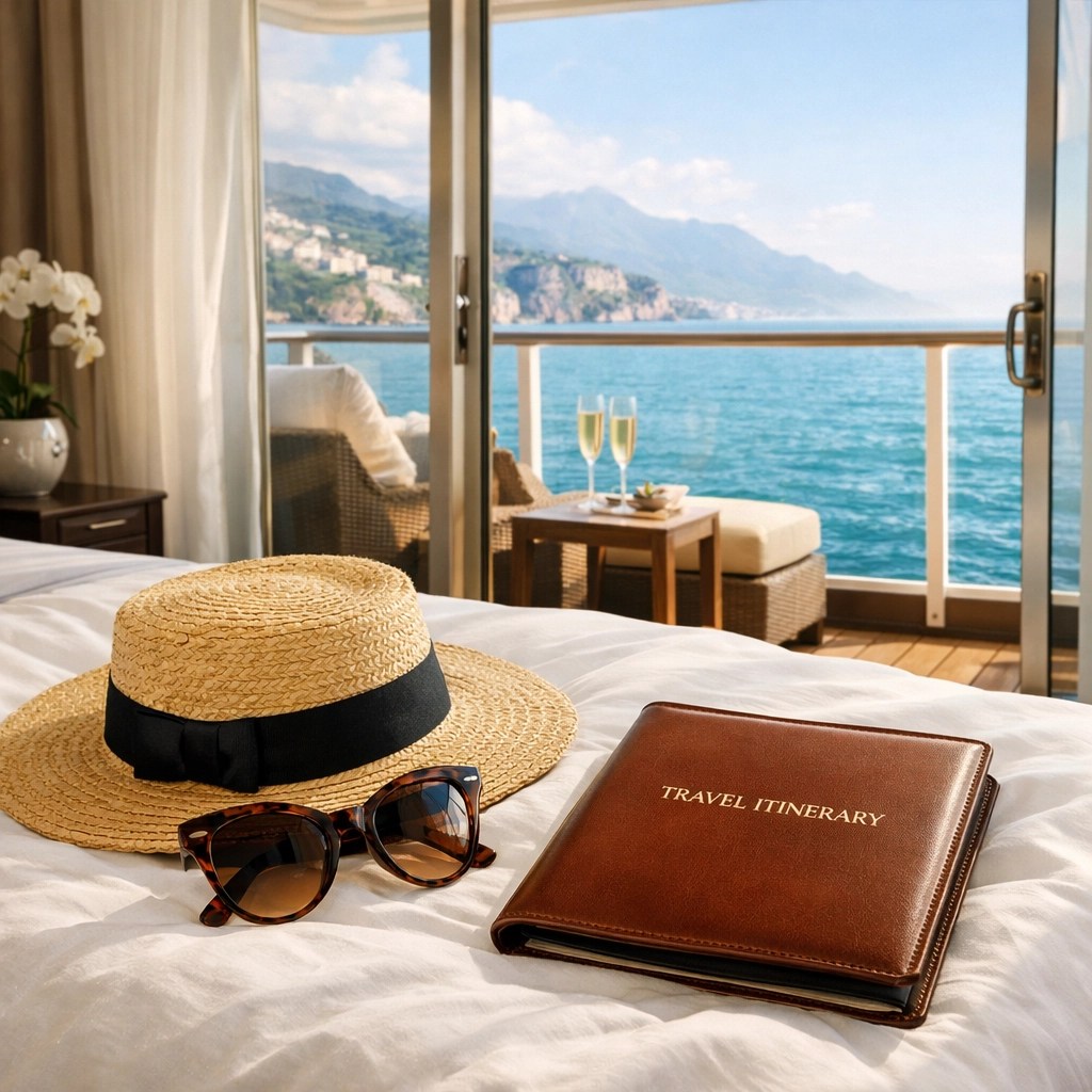 Interior of an ultra-luxury cruise suite with a private veranda and ocean views.