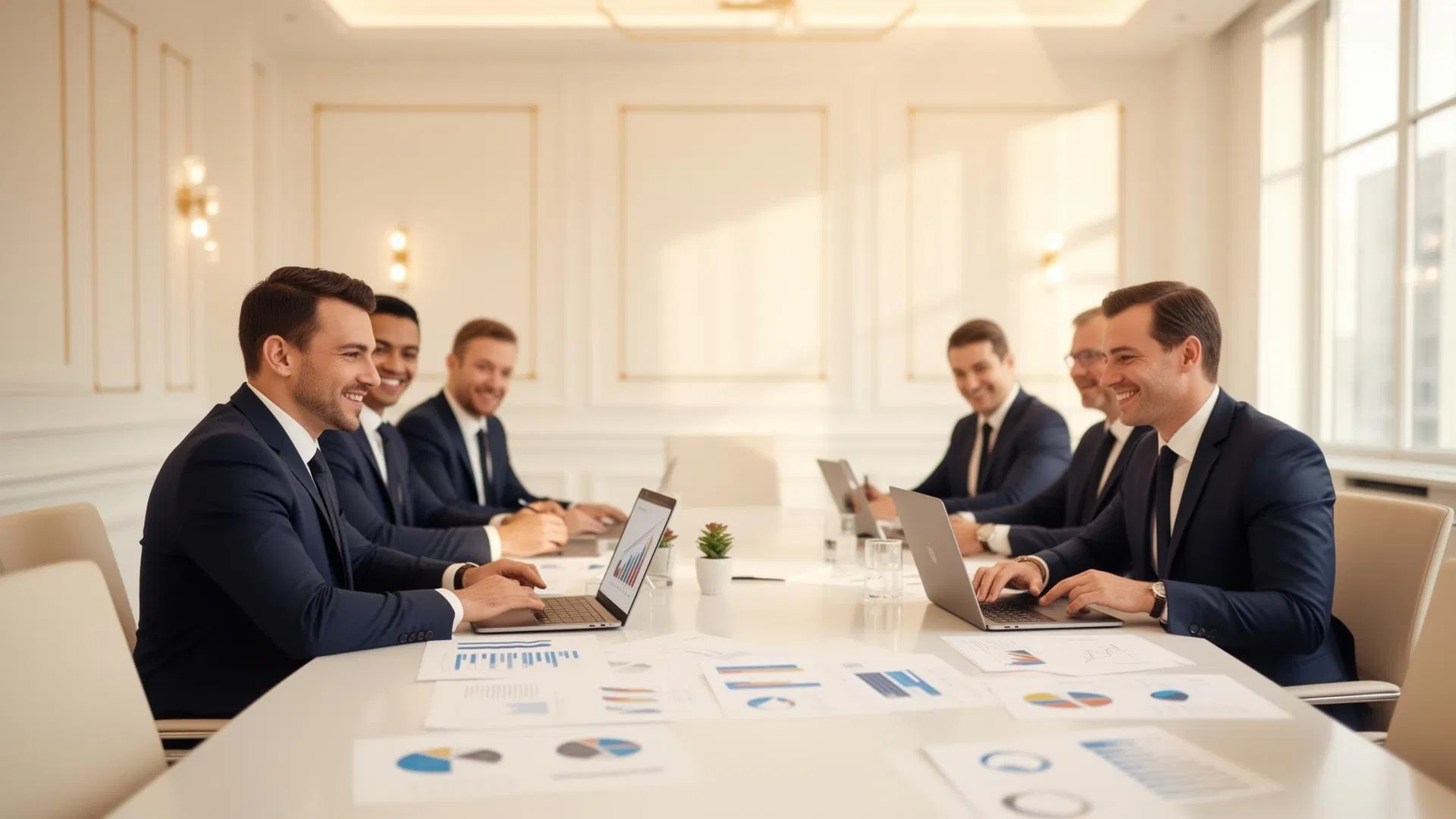 Six business professionals in suits are engaged in a collaborative meeting around a conference table, reviewing charts and graphs.