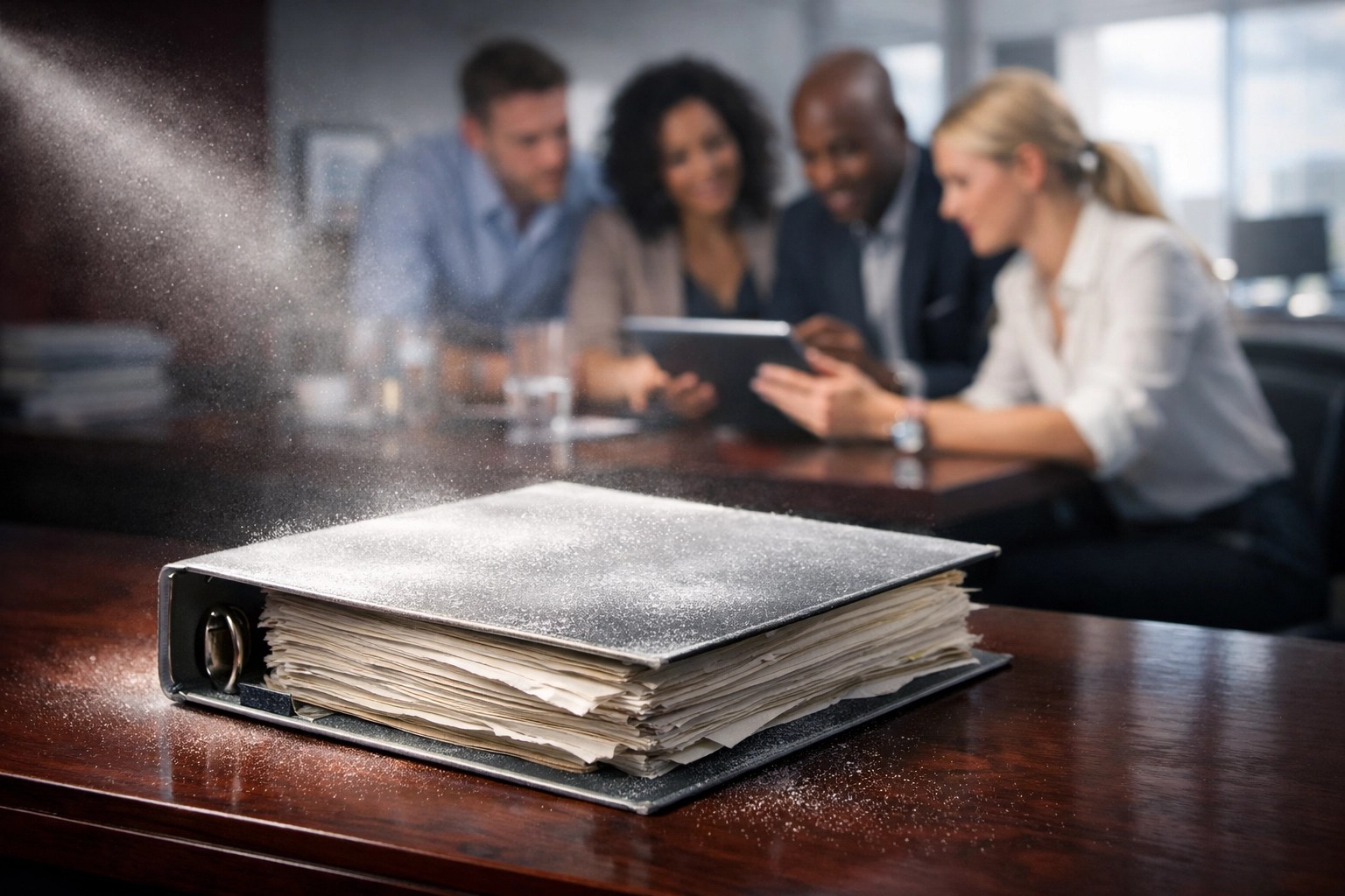 Dusty SOP binder on a desk highlighting the gap between outdated manuals and active business operations.