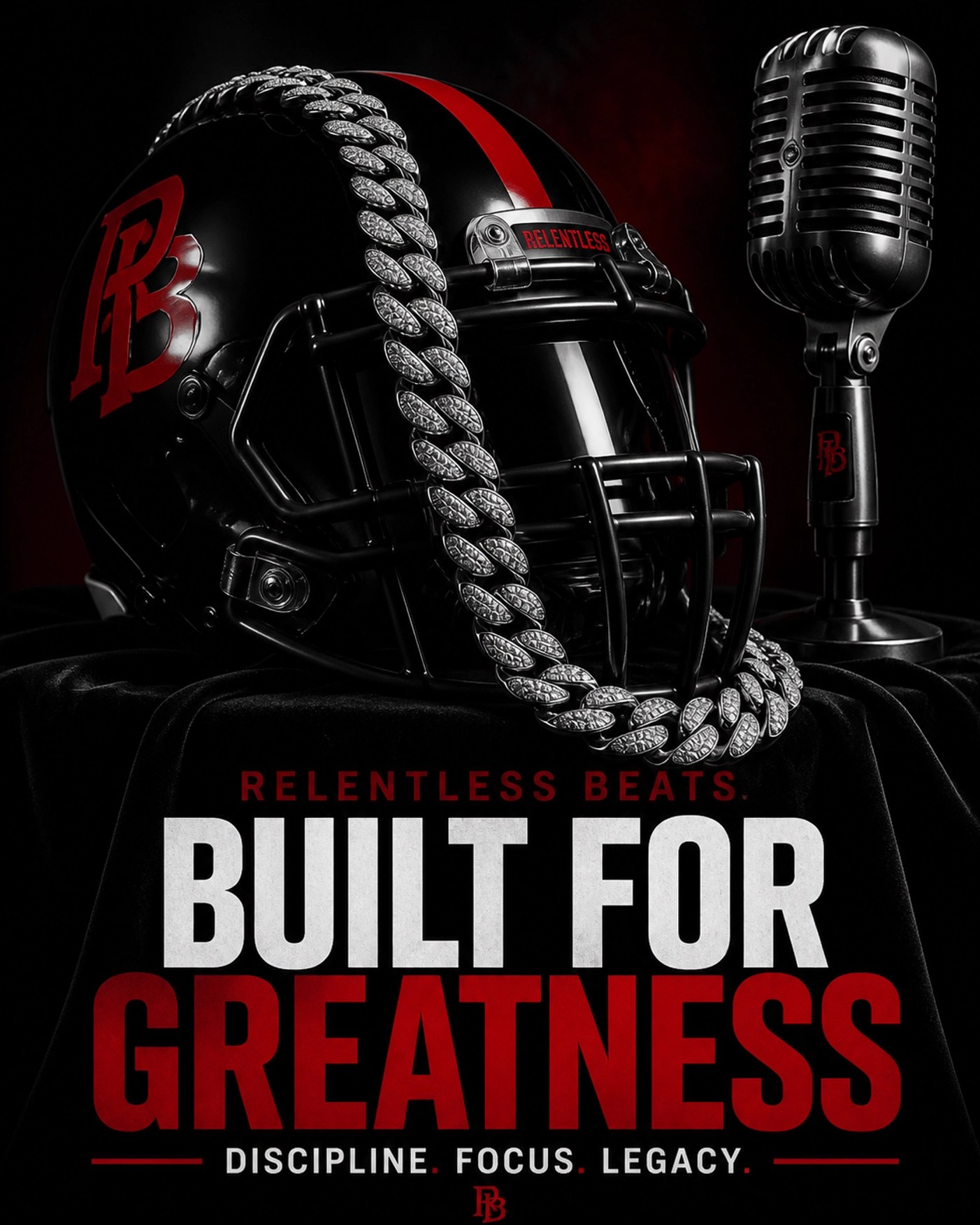 Football helmet with a diamond Cuban link chain and microphone, representing the fusion of hip-hop and NFL culture.