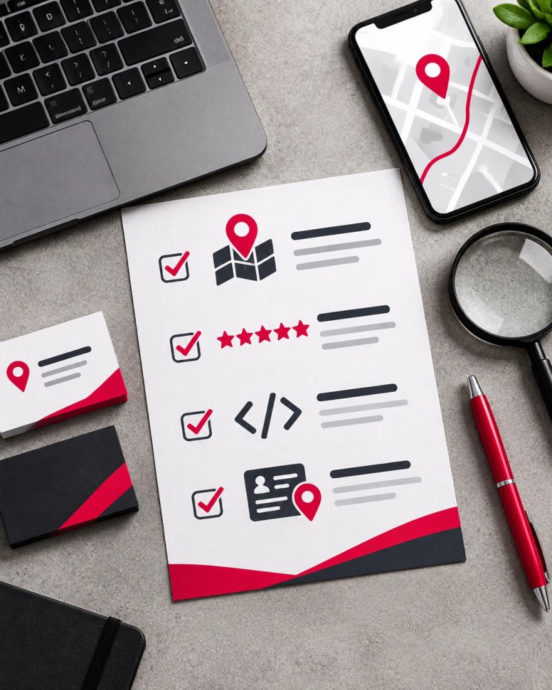 Flat-lay checklist with laptop, phone, map pin, review stars, and structured data symbols
