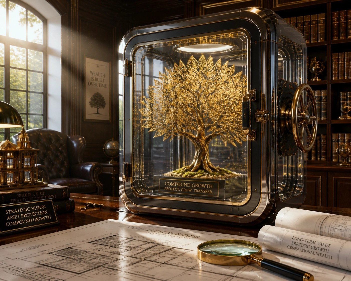Golden tree in a glass vault with blueprints, symbolizing a Private Reserve Account for property investment capital.