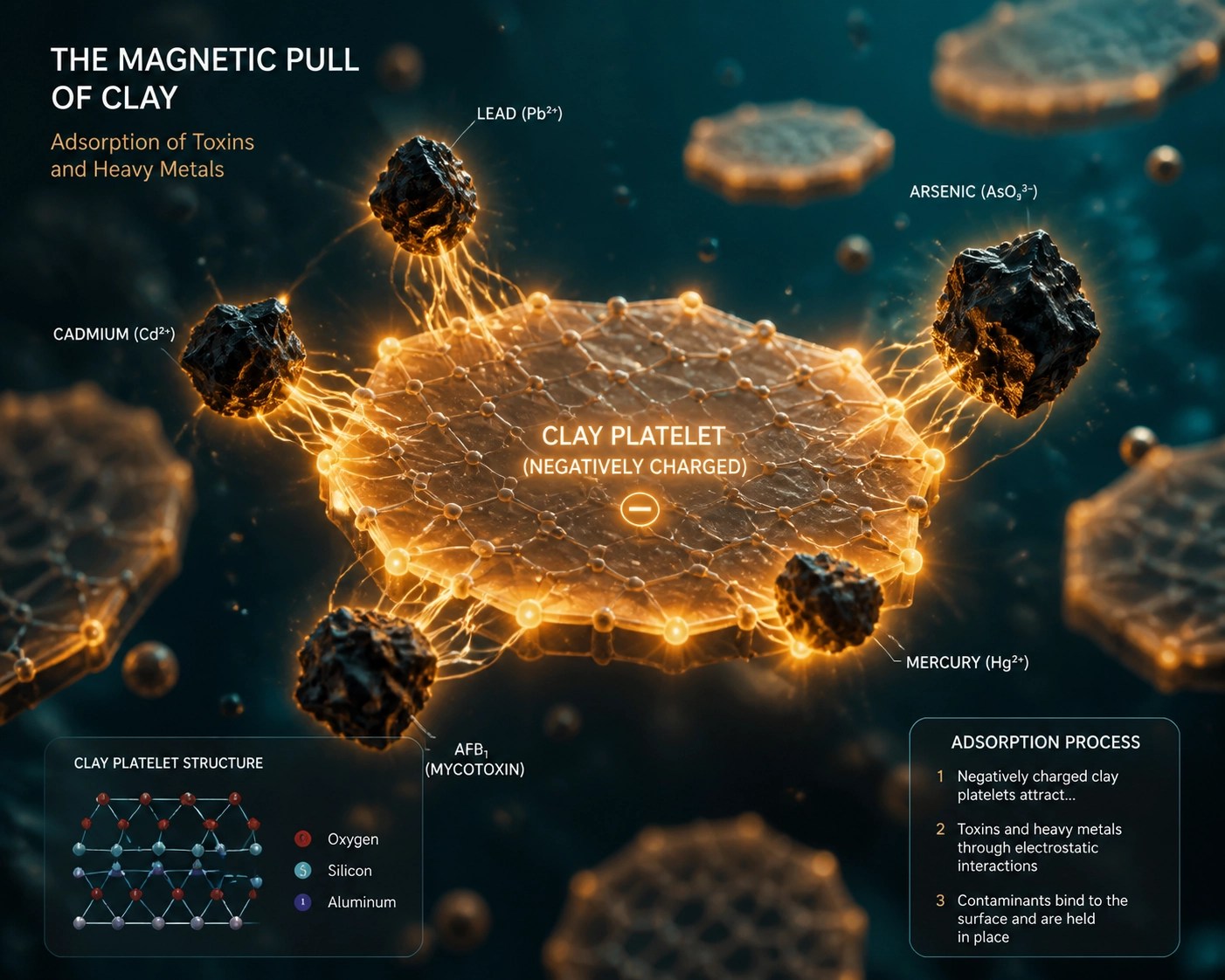 Molecular illustration of the clay adsorption process binding positively charged toxins and heavy metals.