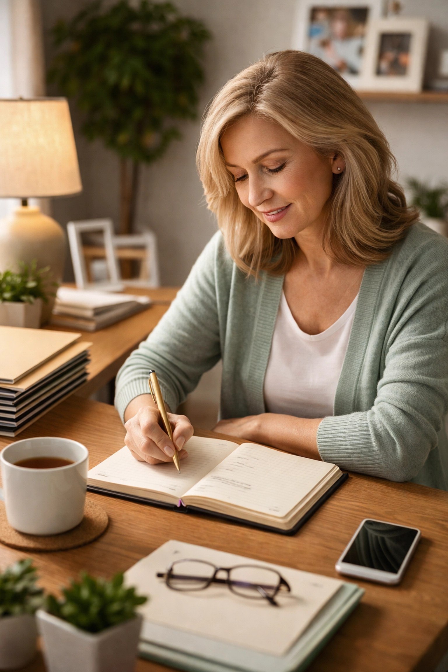 Woman creating a beneficiary update checklist at her home office desk