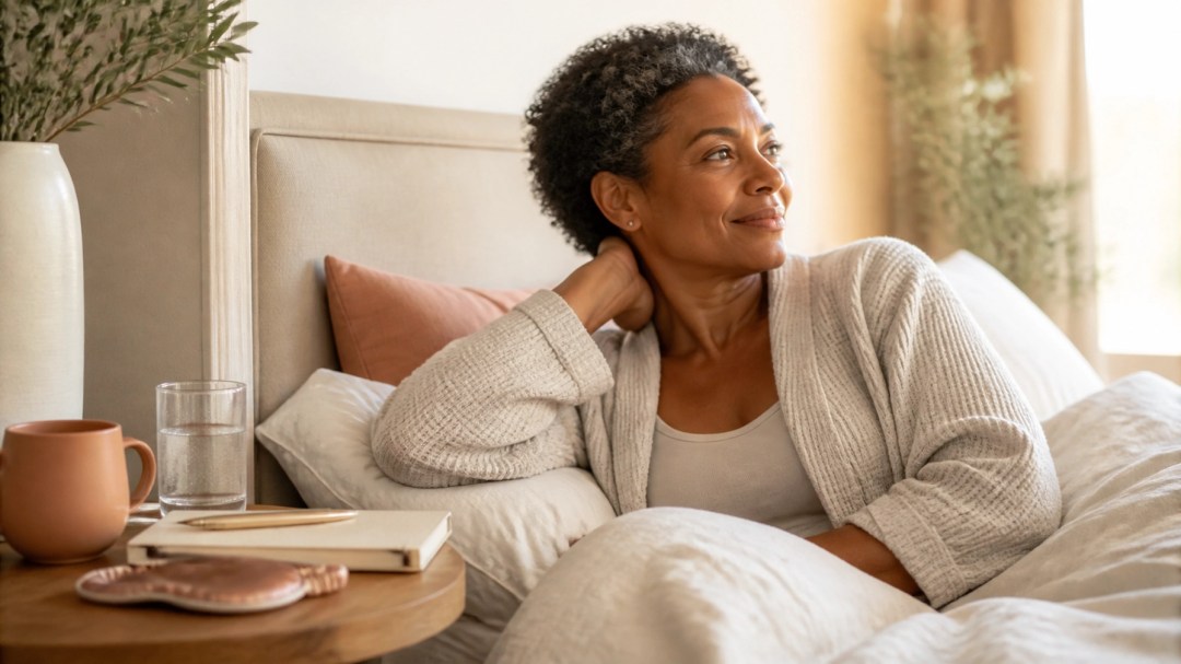 Peaceful Black woman in her early 50s resting in a softly lit bedroom with a sleep mask and journal nearby