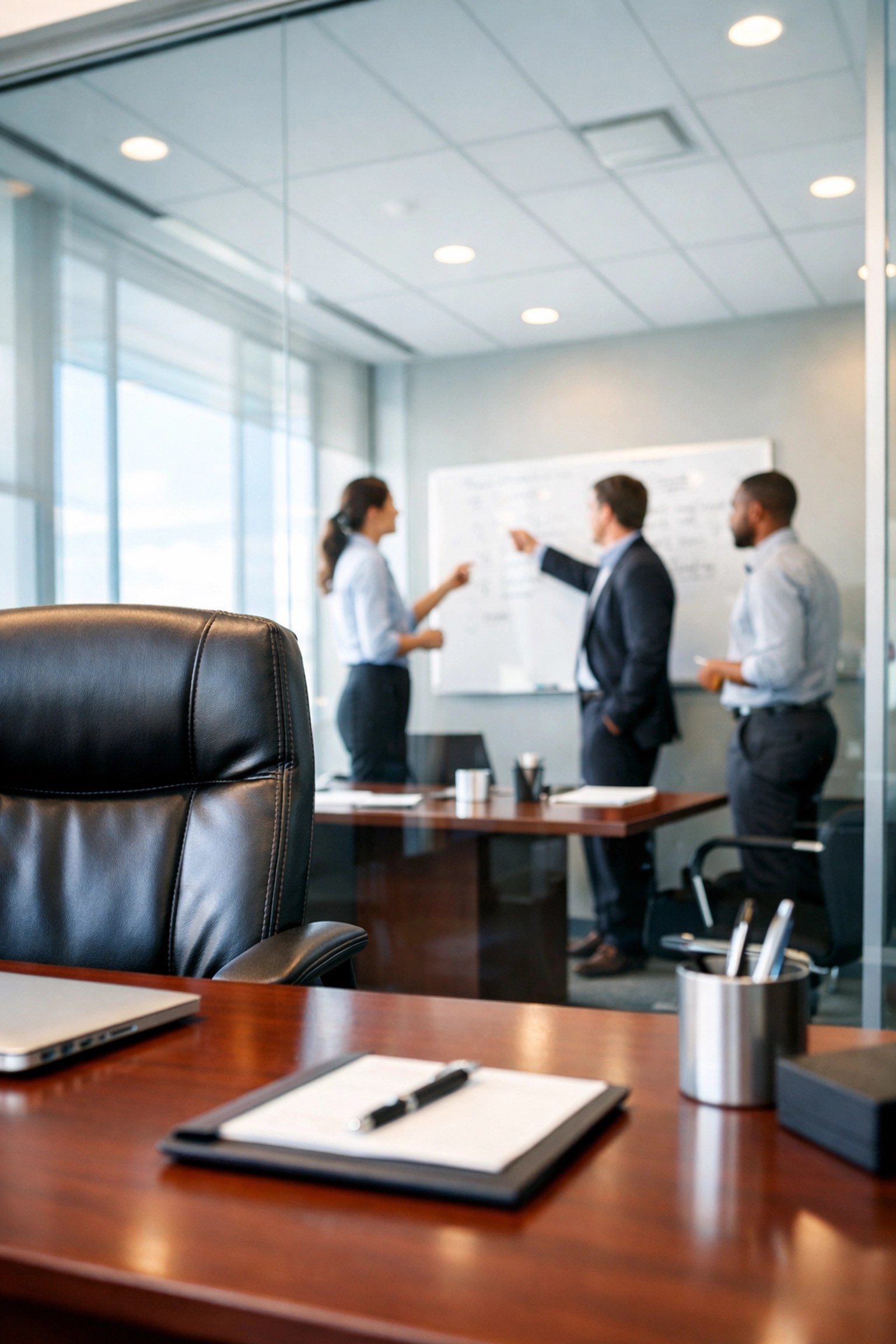 Team collaborating in a modern office representing operational independence and successful executive delegation.