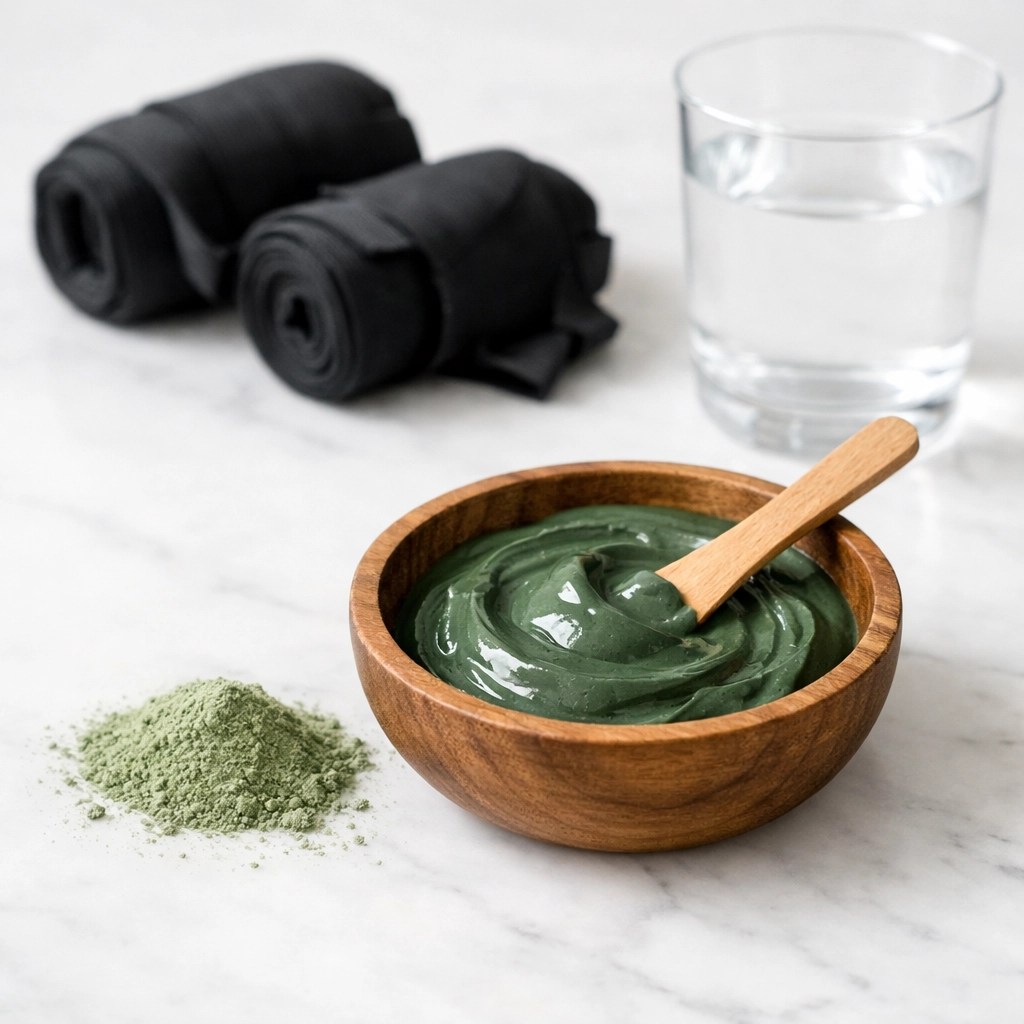 Natural green healing clay prepared for an MMA athlete's post-workout muscle recovery ritual.