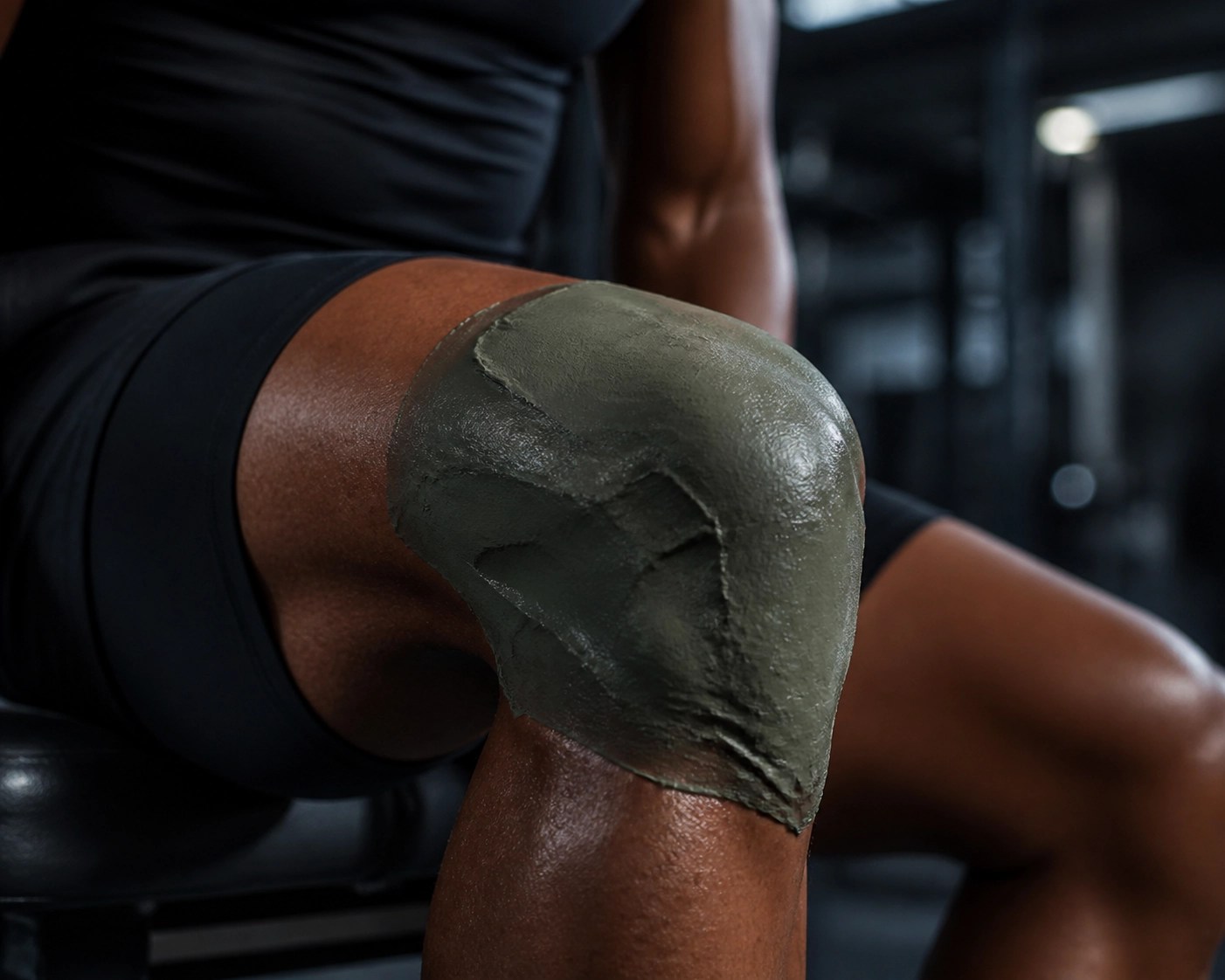Professional athlete using Clayer green clay on a knee joint for sports recovery and muscle reset.