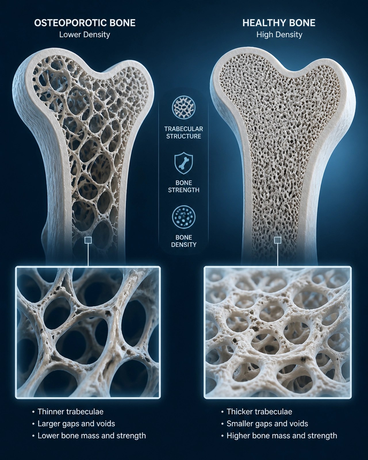 Scientific visualization of dense bone structure versus osteoporotic bone