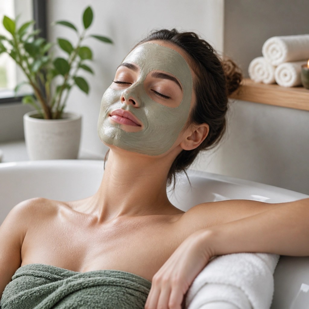 Woman relaxing with a green clay detox mask
