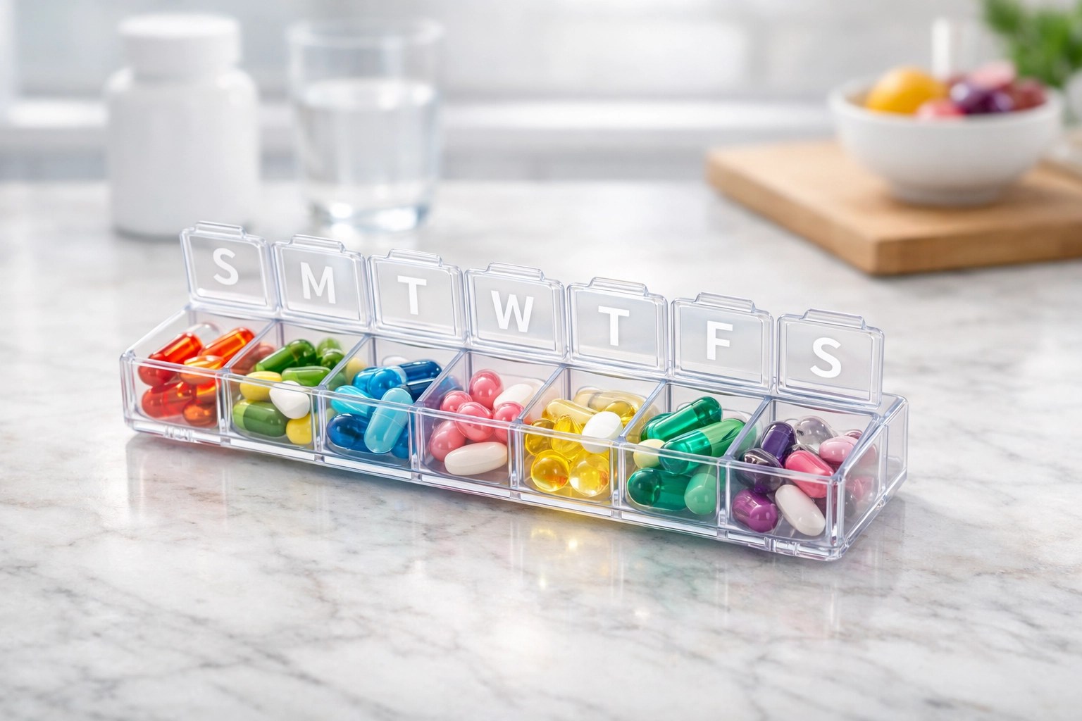 Organized pill container on a kitchen counter illustrating Medicare Part D prescription drug plans.